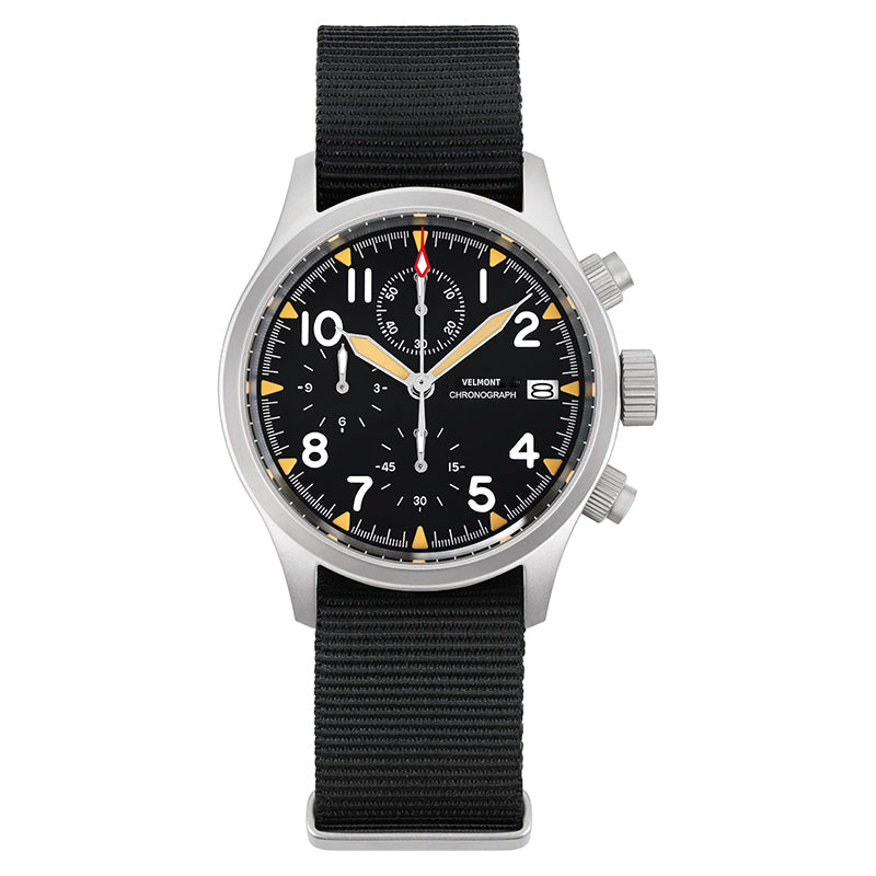 Cream-indices chronograph on a black nylon strap, front view
