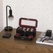 Open four-slot box with drawer pulled out on a wooden desk