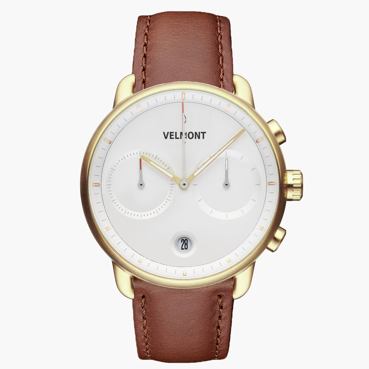 Gold-tone chronograph-style watch with a white dial on a brown strap, front view.