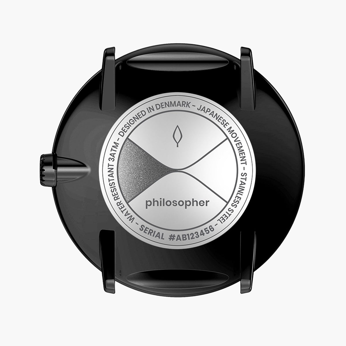 Black case back with a contrasting silver-tone engraved disc.