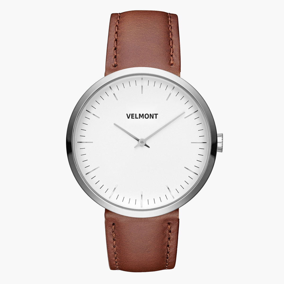Slim watch with a white dial and silver-tone case on a brown strap.