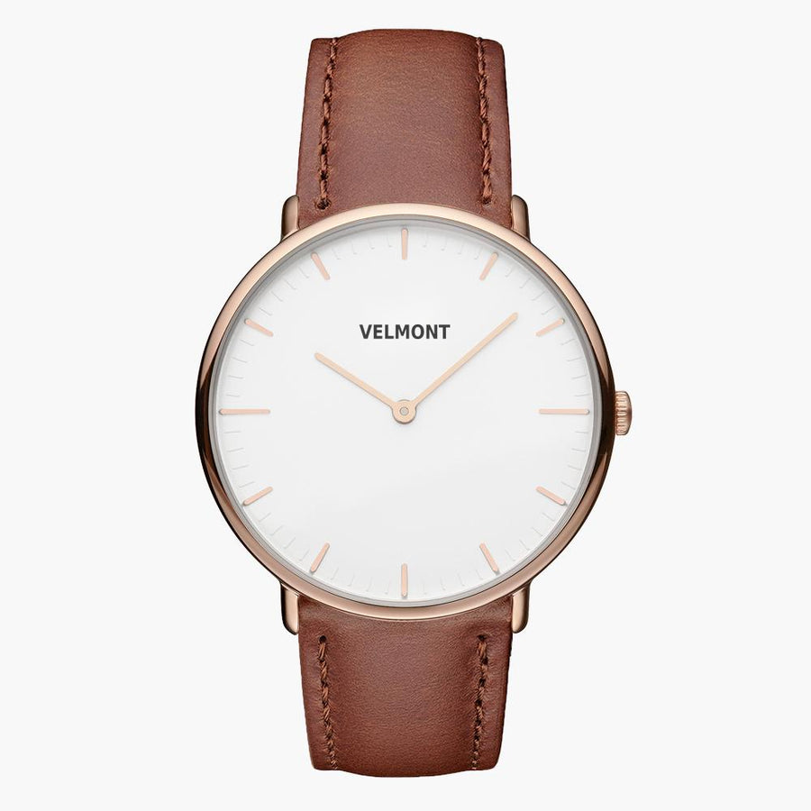 Front view of a white-dial watch with a rose gold-tone case and brown strap.