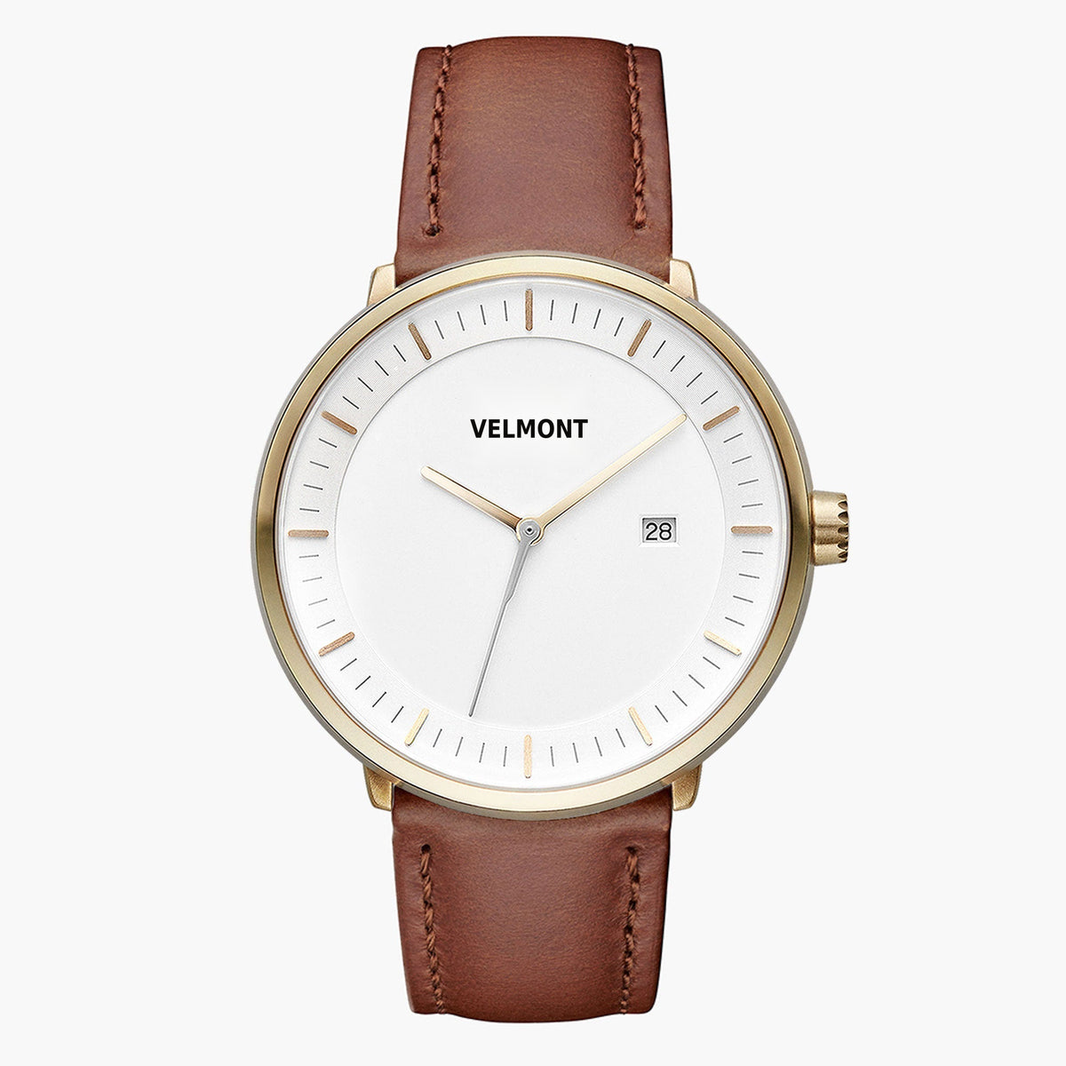 Front view of a gold-tone watch with a white dial on a brown strap.