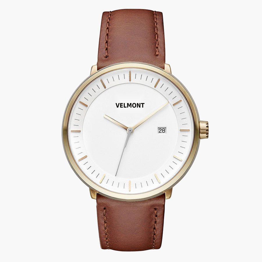 Front view of a gold-tone watch with a white dial on a brown strap.
