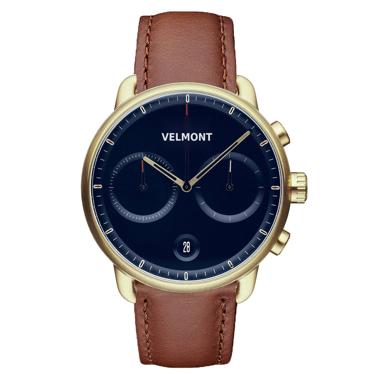 Gold-tone watch with a navy dial, two subdials and a cognac brown strap, front view.