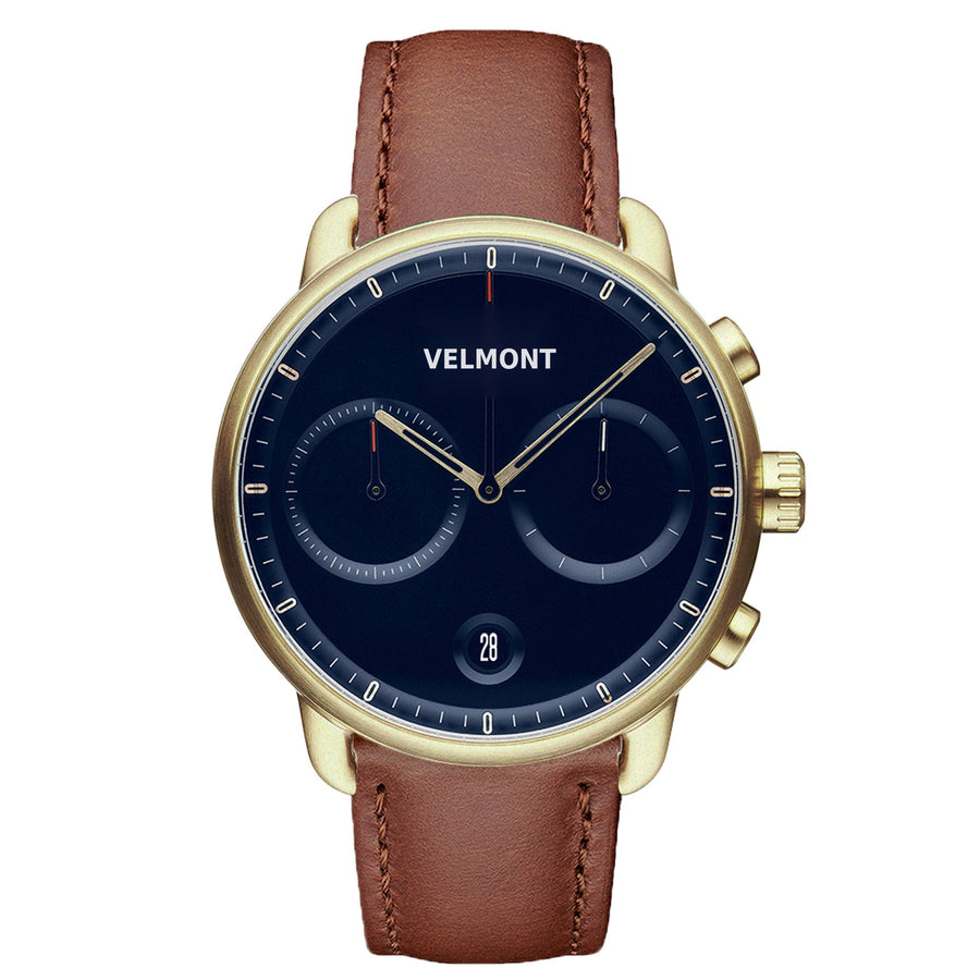 Gold-tone watch with a navy dial, two subdials and a cognac brown strap, front view.