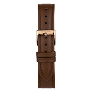 Dark brown strap with tonal stitching and a rose gold-tone pin buckle.