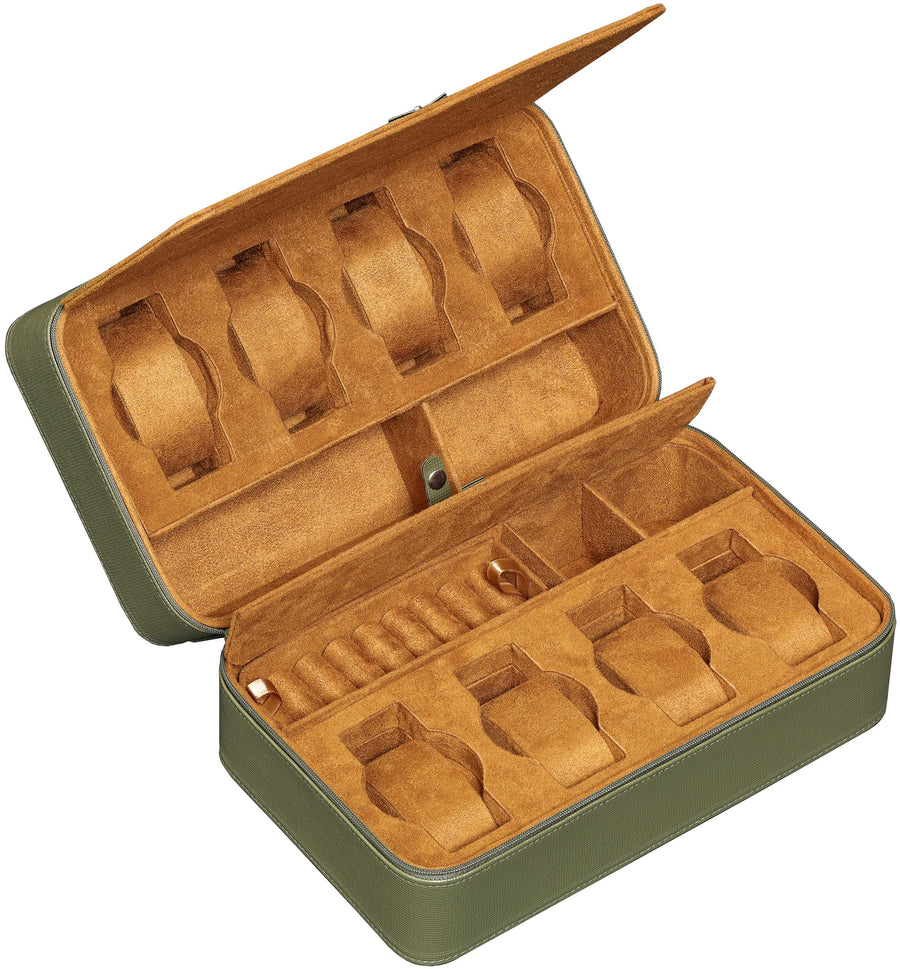 Open green travel case with tan lining and eight empty cushions