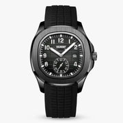 All-black rubber strap watch with grid dial, front view