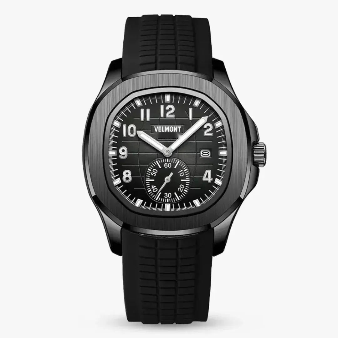 All-black rubber strap watch with grid dial, front view