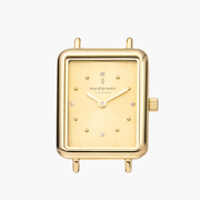 The rectangular gold-tone case on its own, showing the sunburst dial and wire lugs.