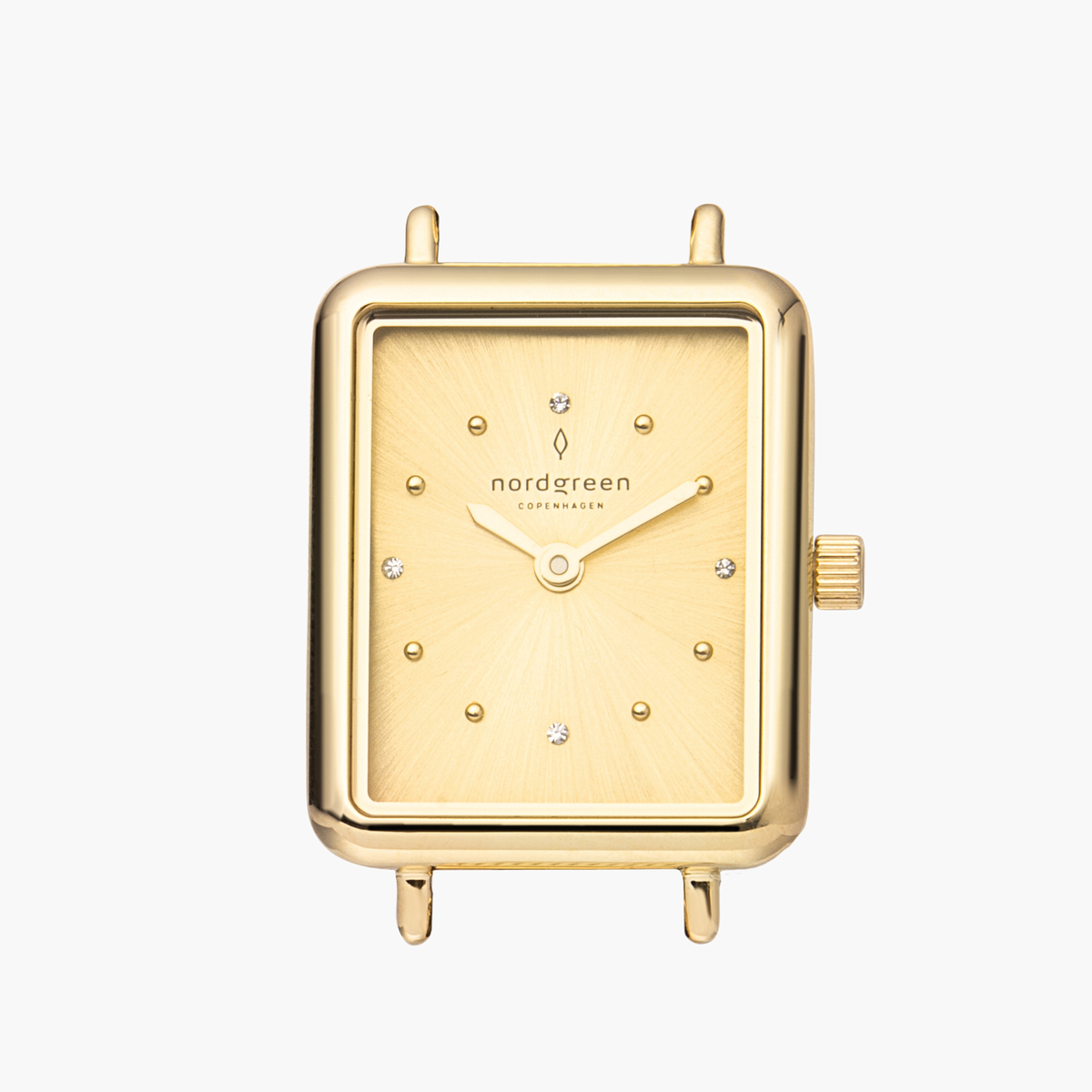 The rectangular gold-tone case on its own, showing the sunburst dial and wire lugs.