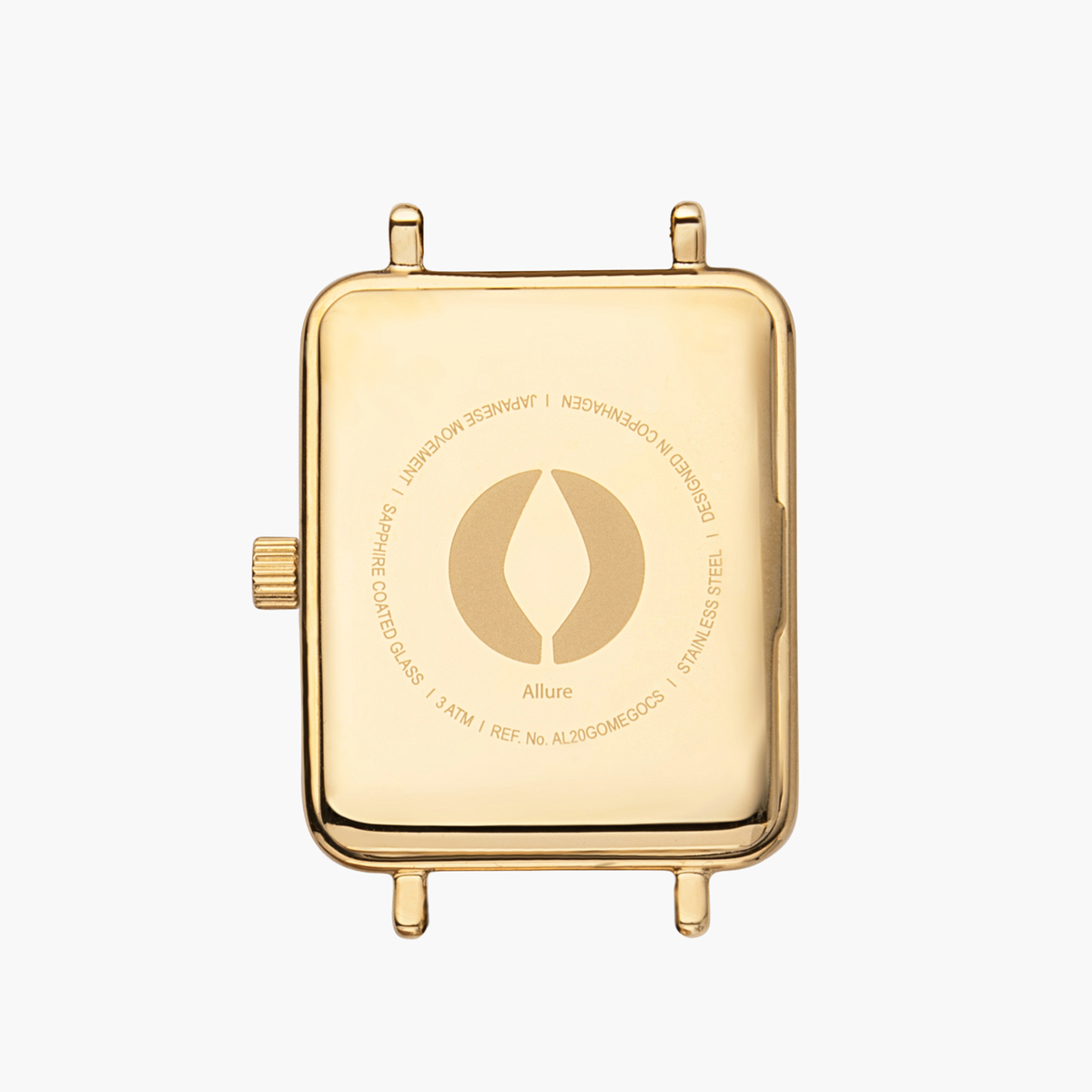 Back of the gold-tone rectangular case with an engraved emblem.