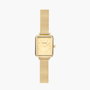 Petite rectangular watch in gold tone with a matching fine mesh strap, front view.
