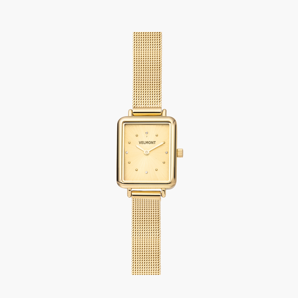Petite rectangular watch in gold tone with a matching fine mesh strap, front view.