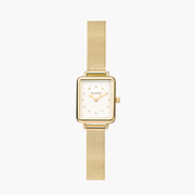 Small rectangular gold-tone watch with a white dial on a fine mesh strap.