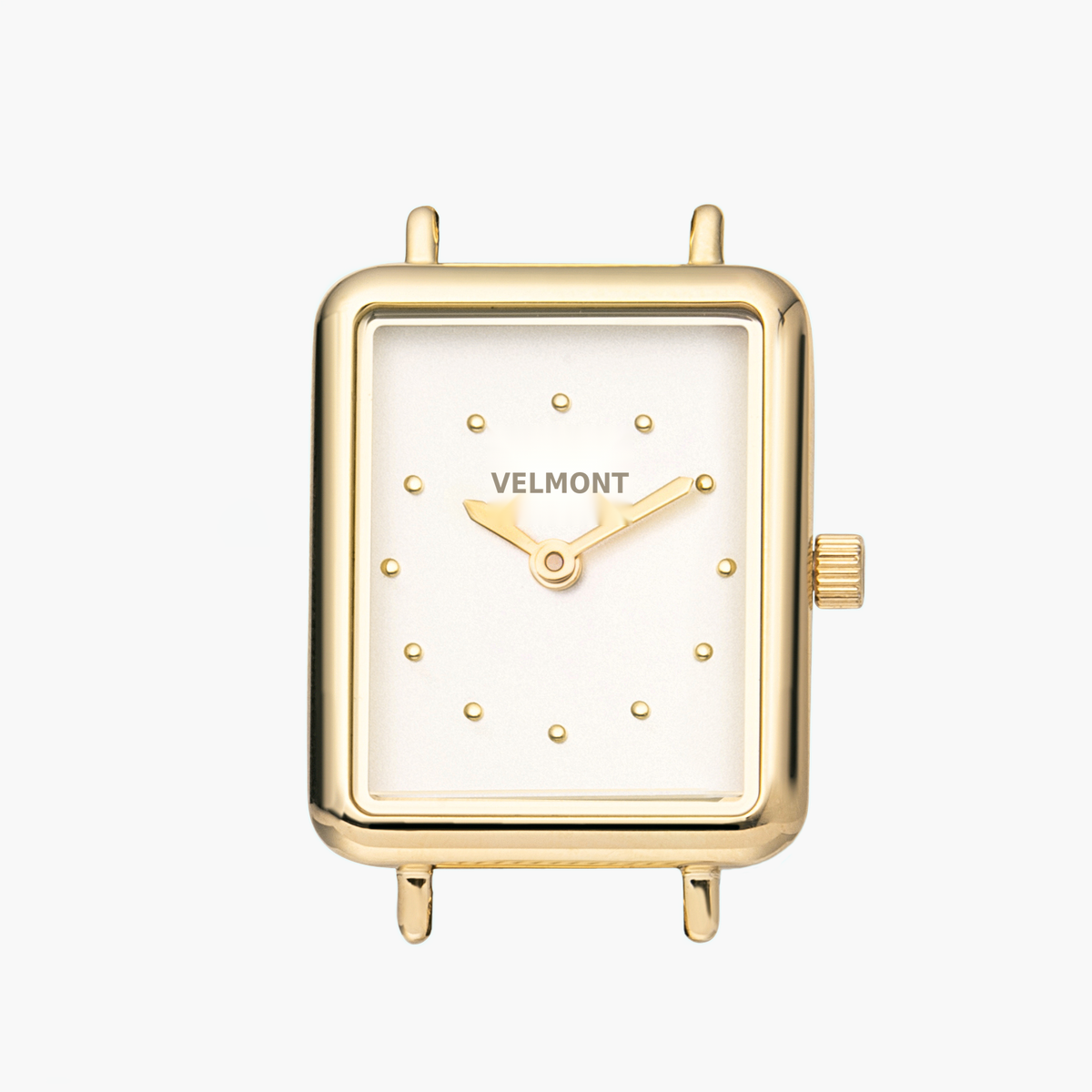 The rectangular gold-tone case alone, showing the white dial and wire lugs.