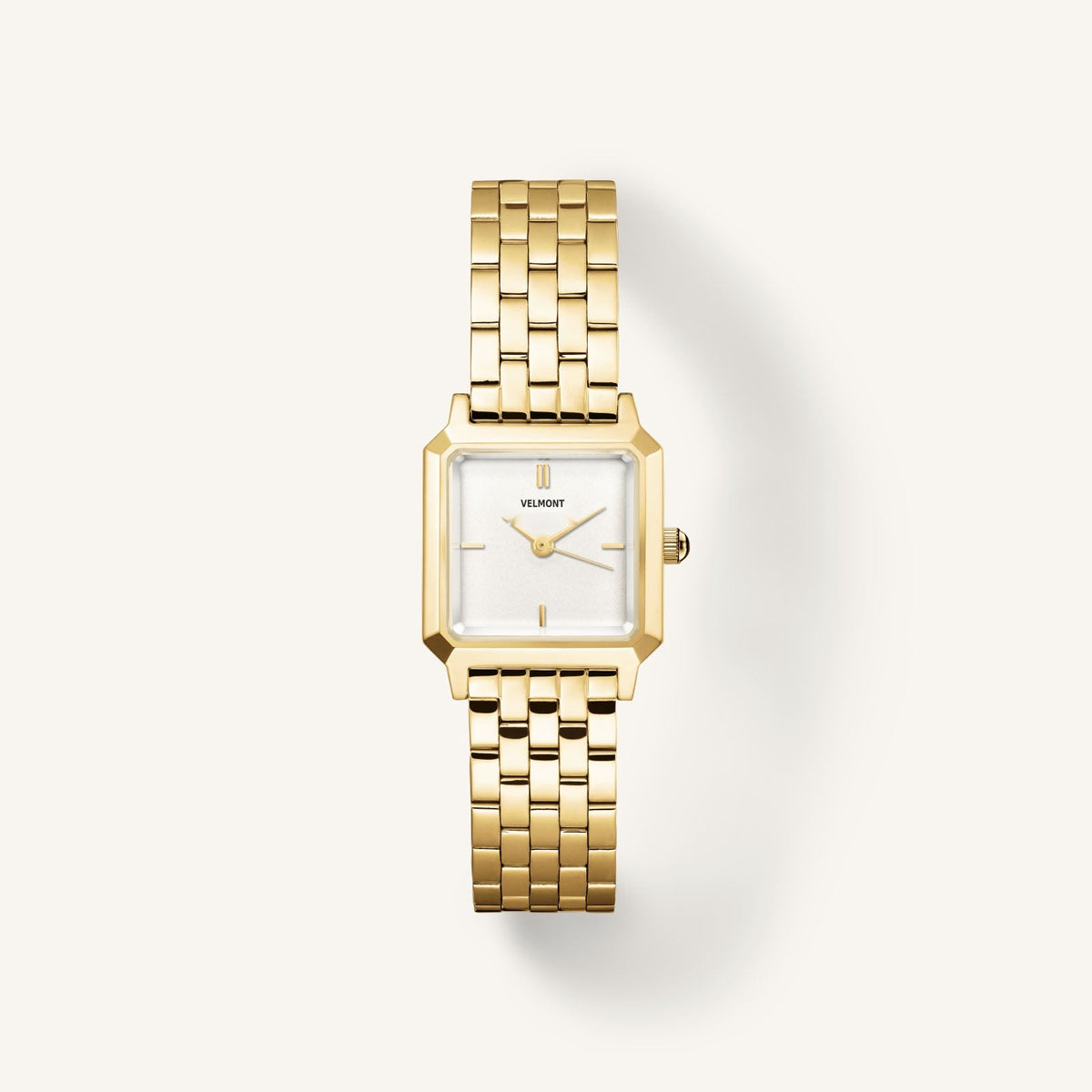 Gold-tone small square watch with cut corners, front view