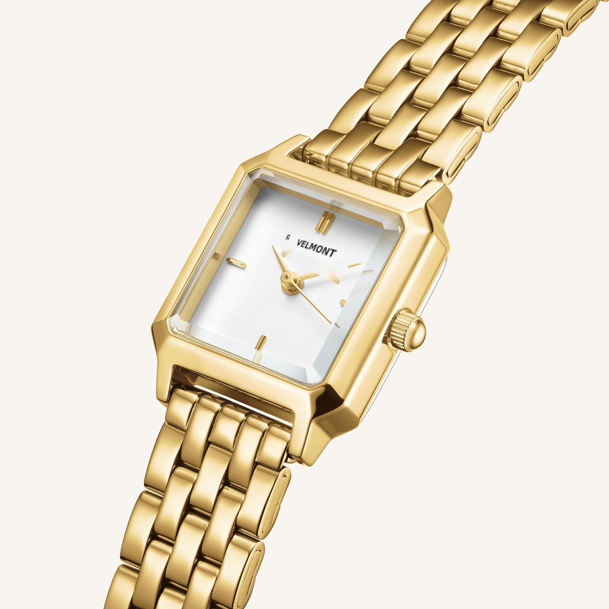 Close-up of the square case and white matte dial