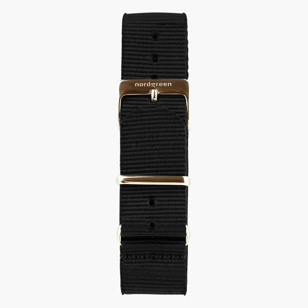 Black nylon strap with a warm rose gold-tone buckle, shown laid out vertically.