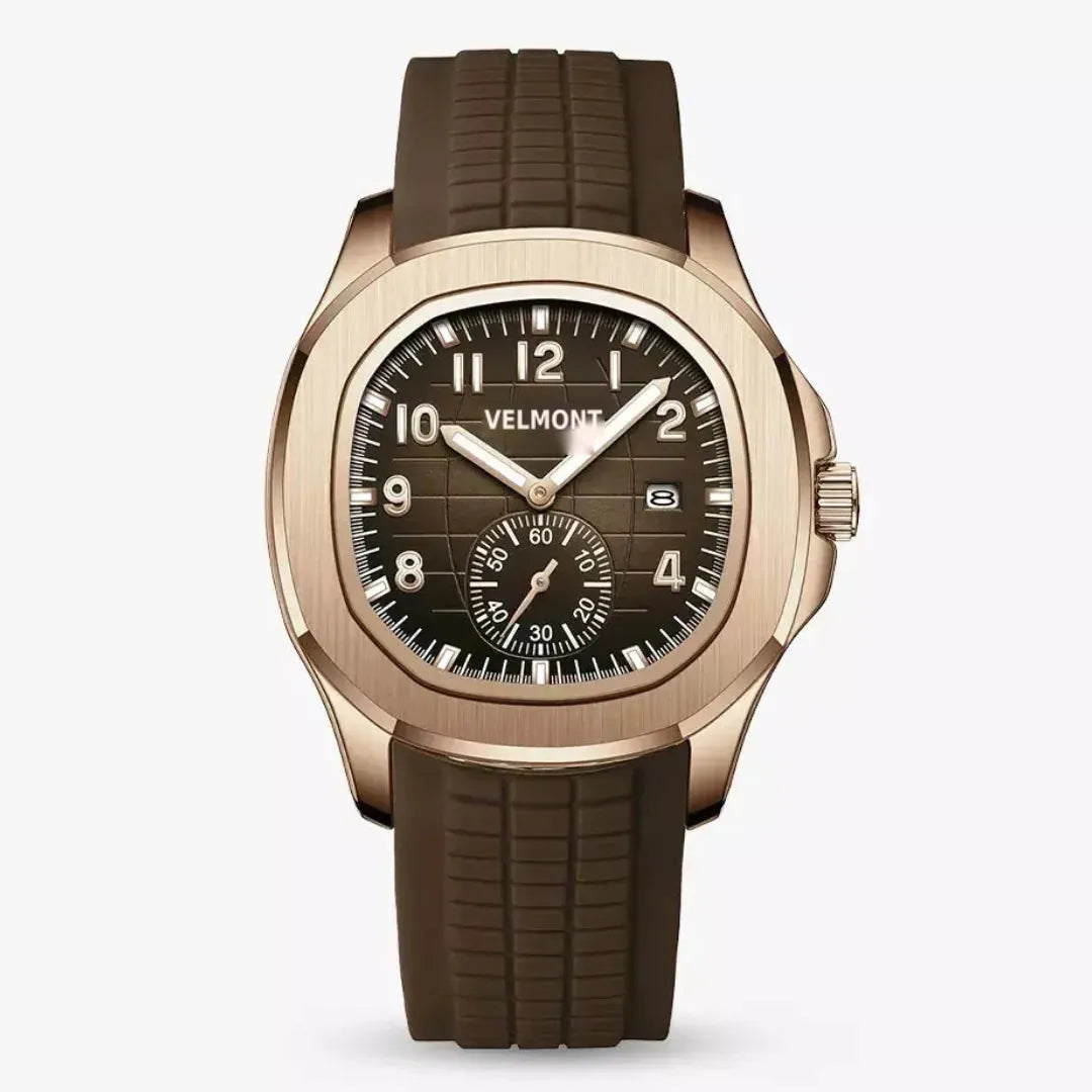 Rubber strap watch with rose gold-tone case and brown grid dial, front view