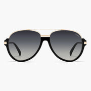Black aviator sunglasses with gray gradient lenses
