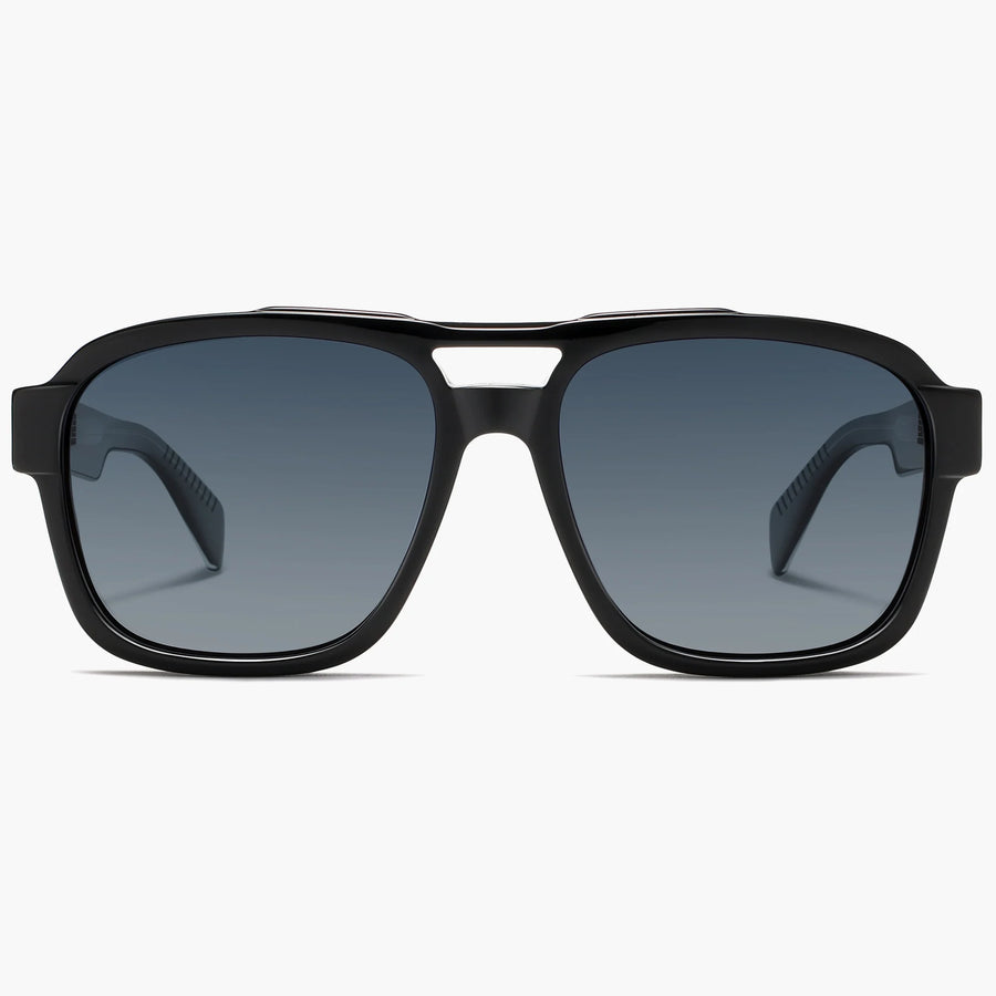 Black double-bridge square aviator sunglasses with gray gradient lenses, front view