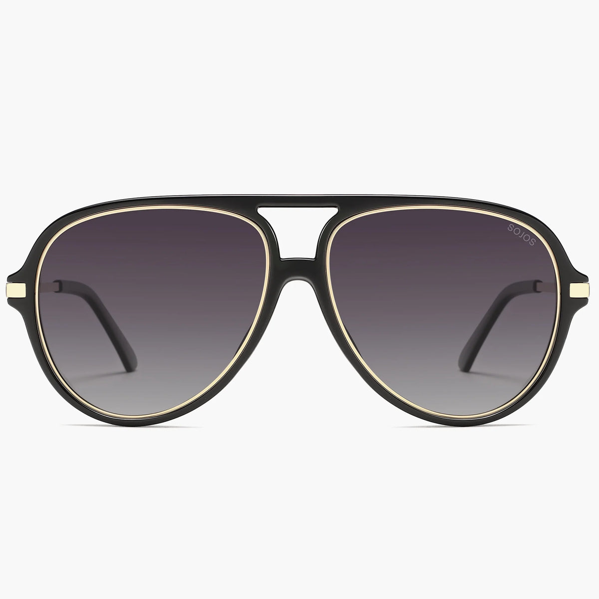 Black double-bridge aviator sunglasses with gray gradient lenses, front view