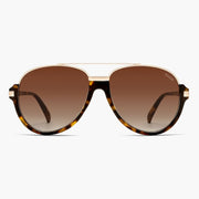 Tortoise aviator sunglasses with gold-tone brow bar and brown gradient lenses, front view