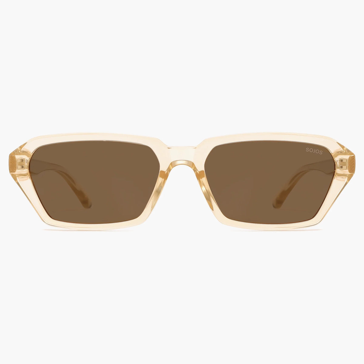 Clear beige rectangular sunglasses with brown lenses, front view