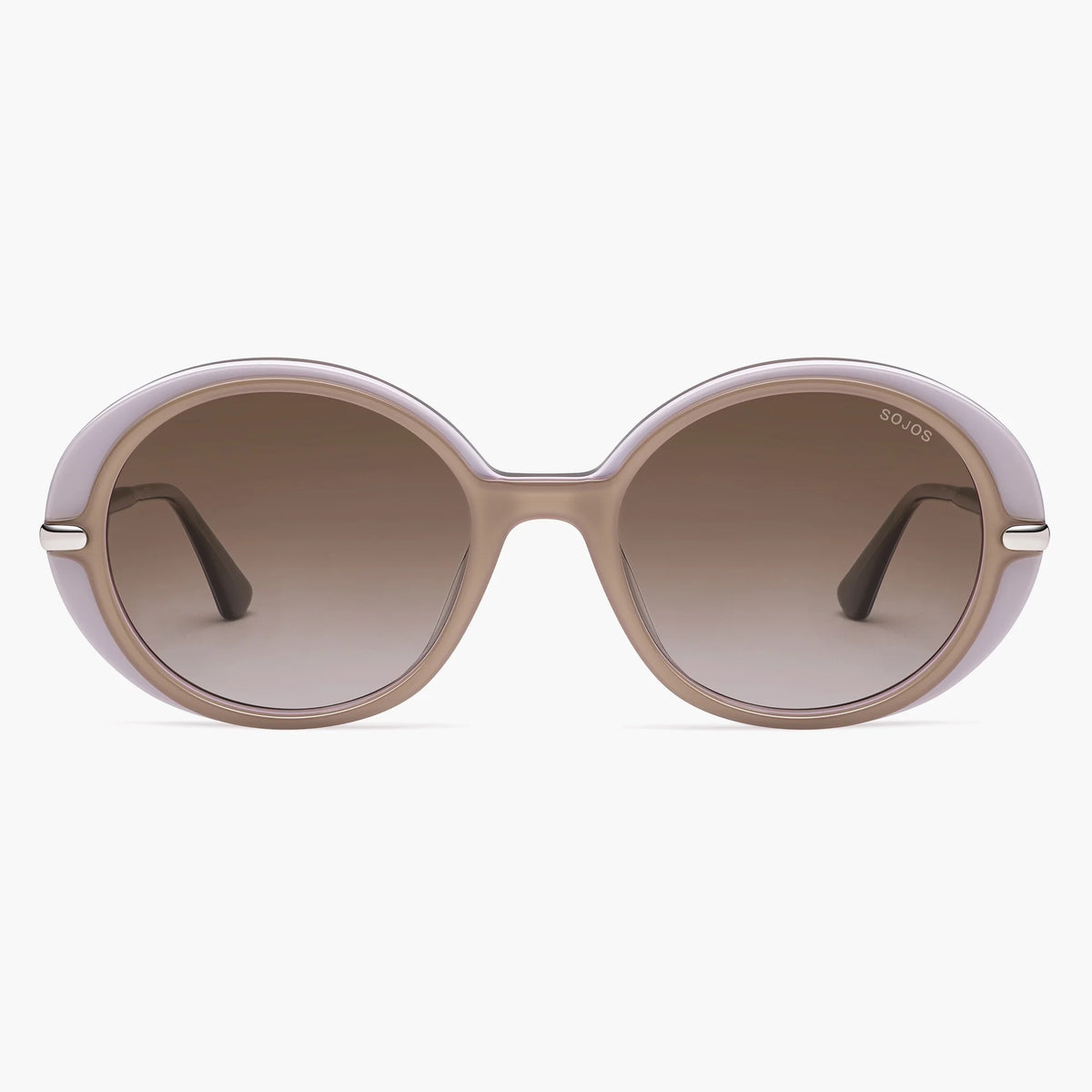 Lavender round sunglasses with brown gradient lenses, front view