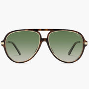 Brown tortoise aviator sunglasses with green gradient lenses