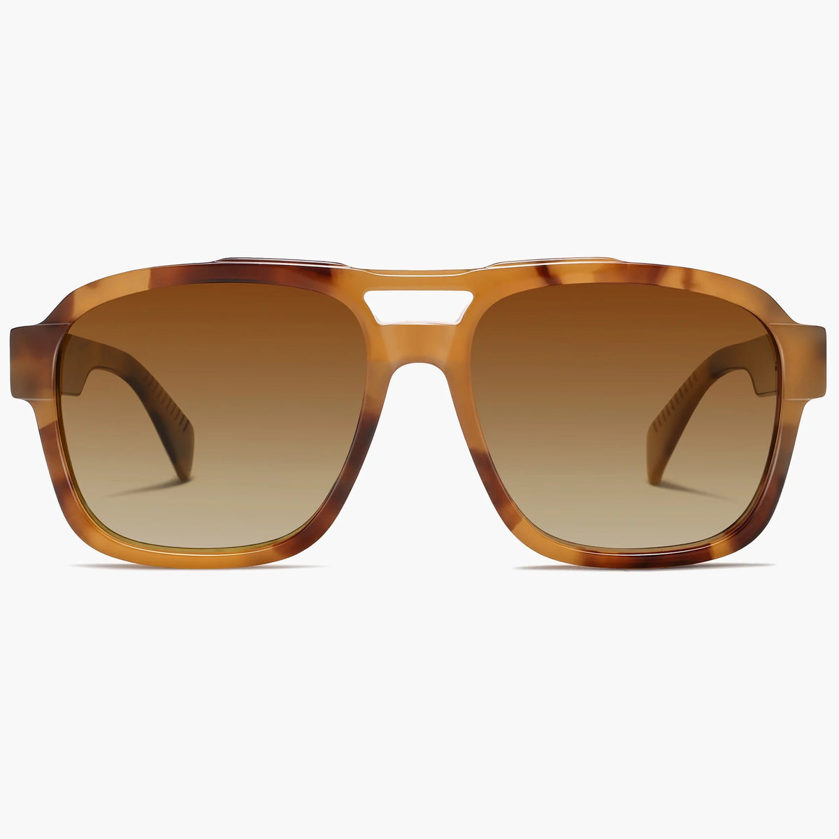 Yellow tortoise double-bridge sunglasses with brown gradient lenses, front view