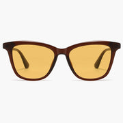 Orange-brown cat eye sunglasses with yellow lenses