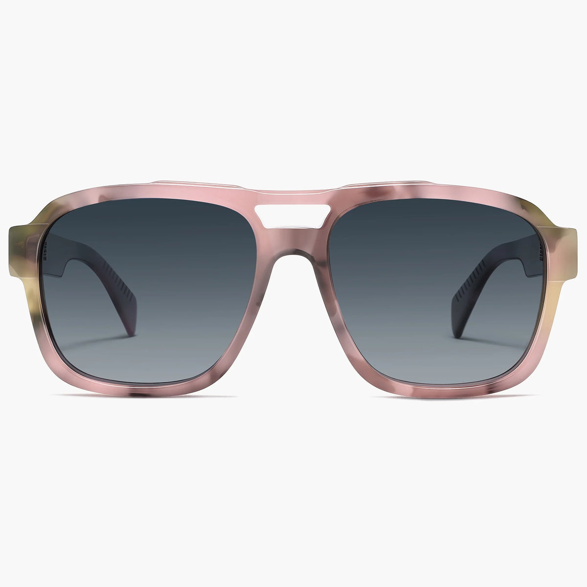 Pink tortoise double-bridge sunglasses with gray gradient lenses, front view