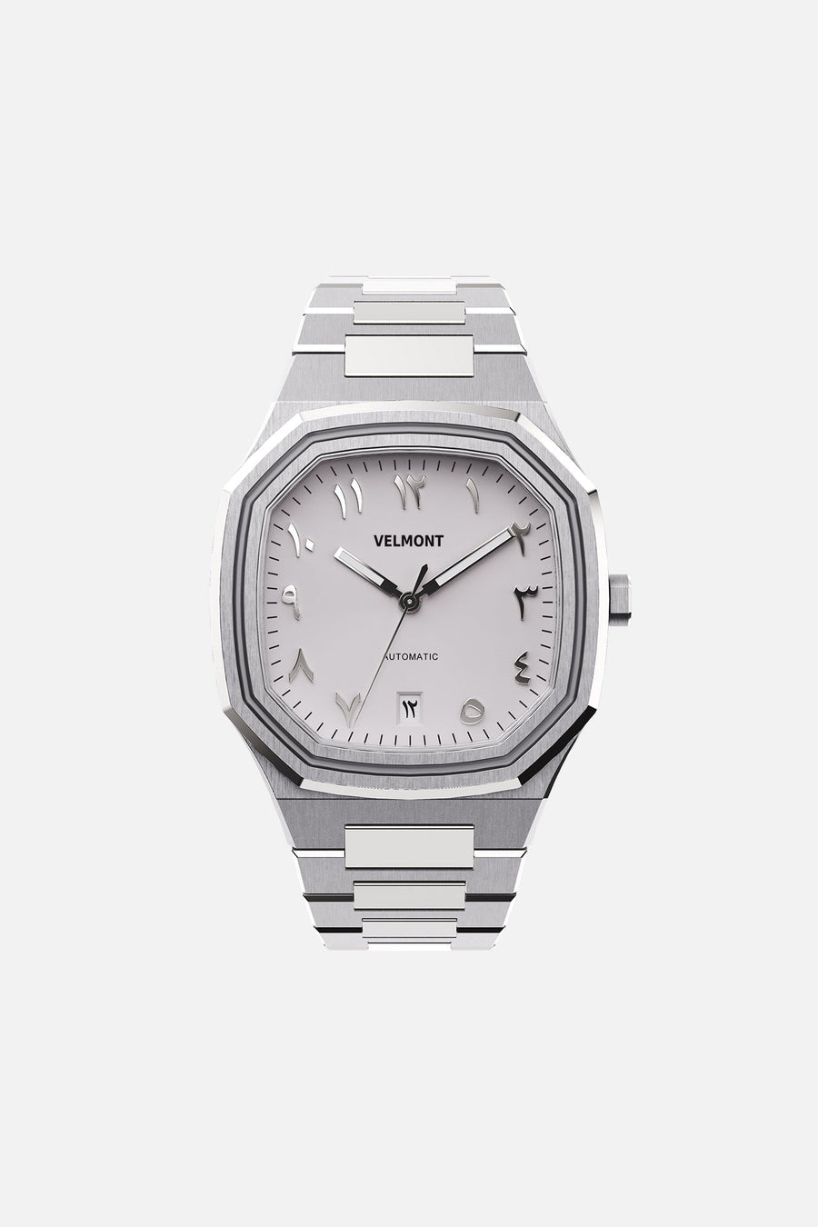 Front view of the octagonal watch with white Arabic numeral dial on its integrated bracelet
