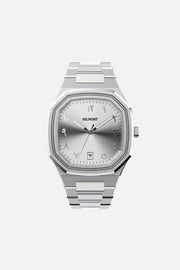 Front view of the octagonal watch with silver Arabic numeral dial on its integrated bracelet