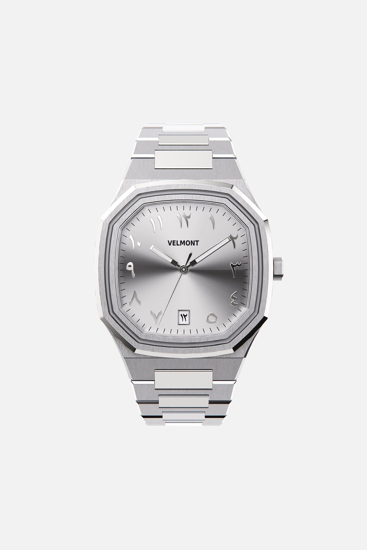 Front view of the octagonal watch with silver Arabic numeral dial on its integrated bracelet