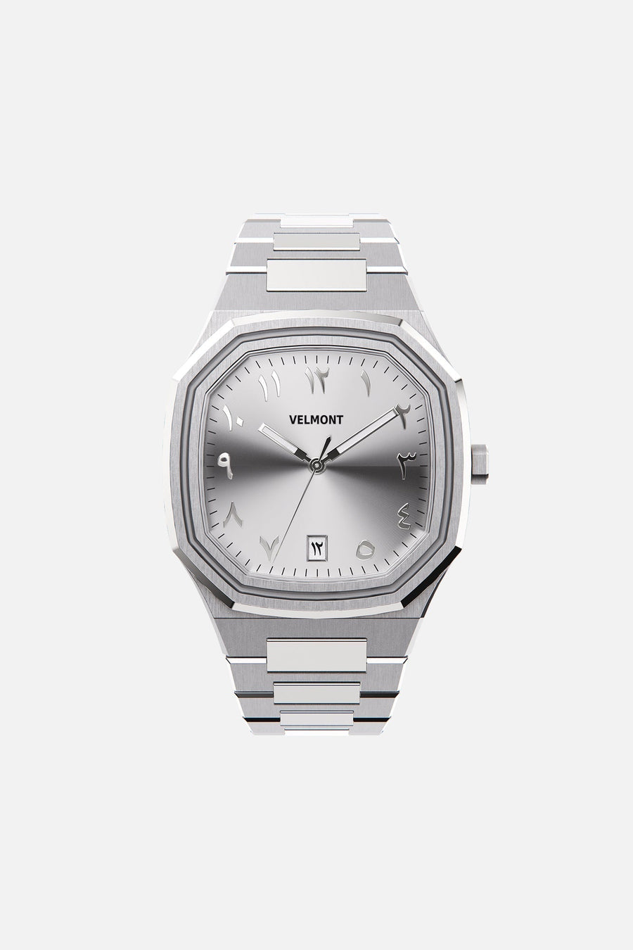 Front view of the octagonal watch with silver Arabic numeral dial on its integrated bracelet