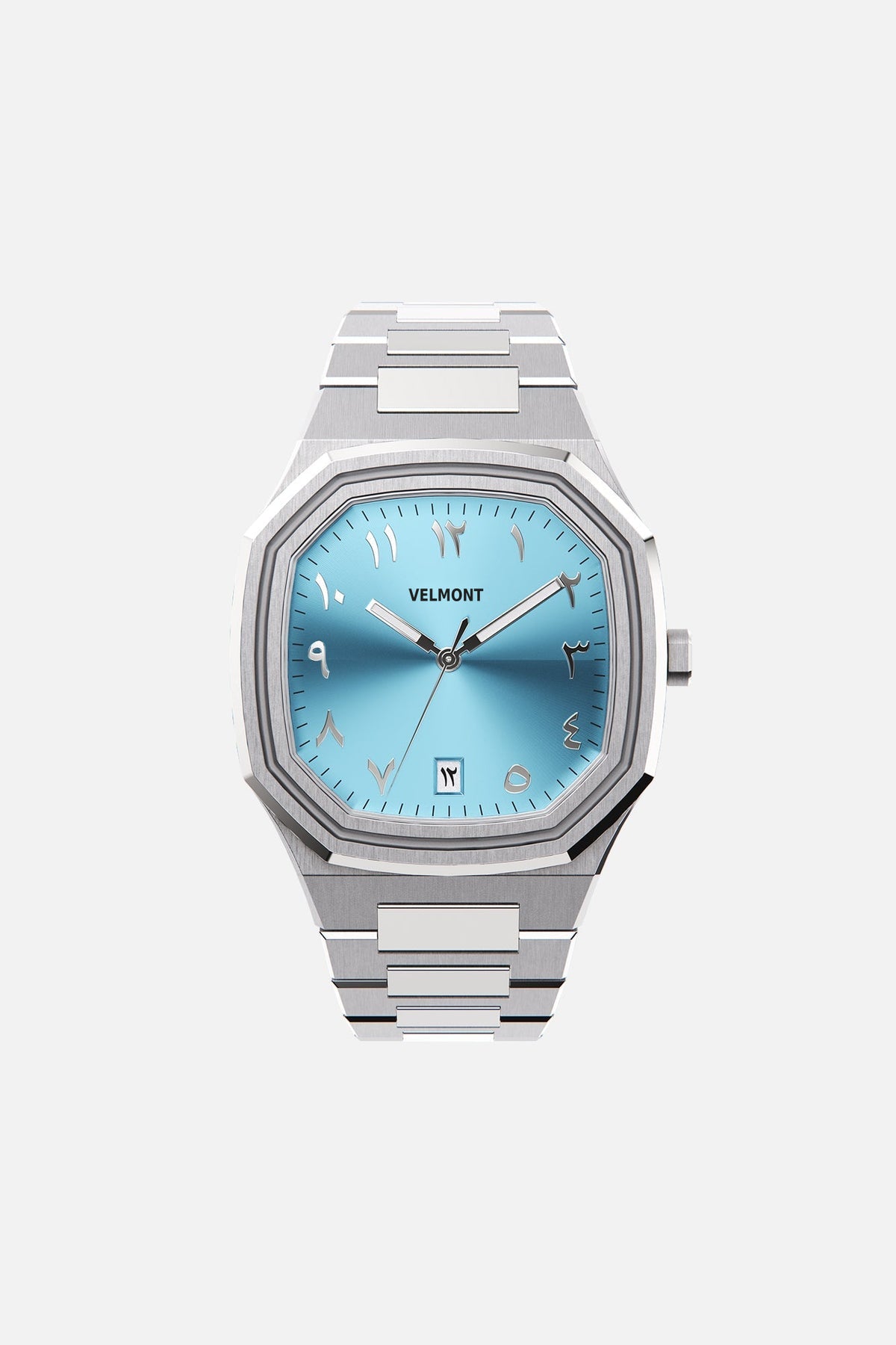 Front view of the octagonal watch with turquoise Arabic numeral dial on its integrated bracelet