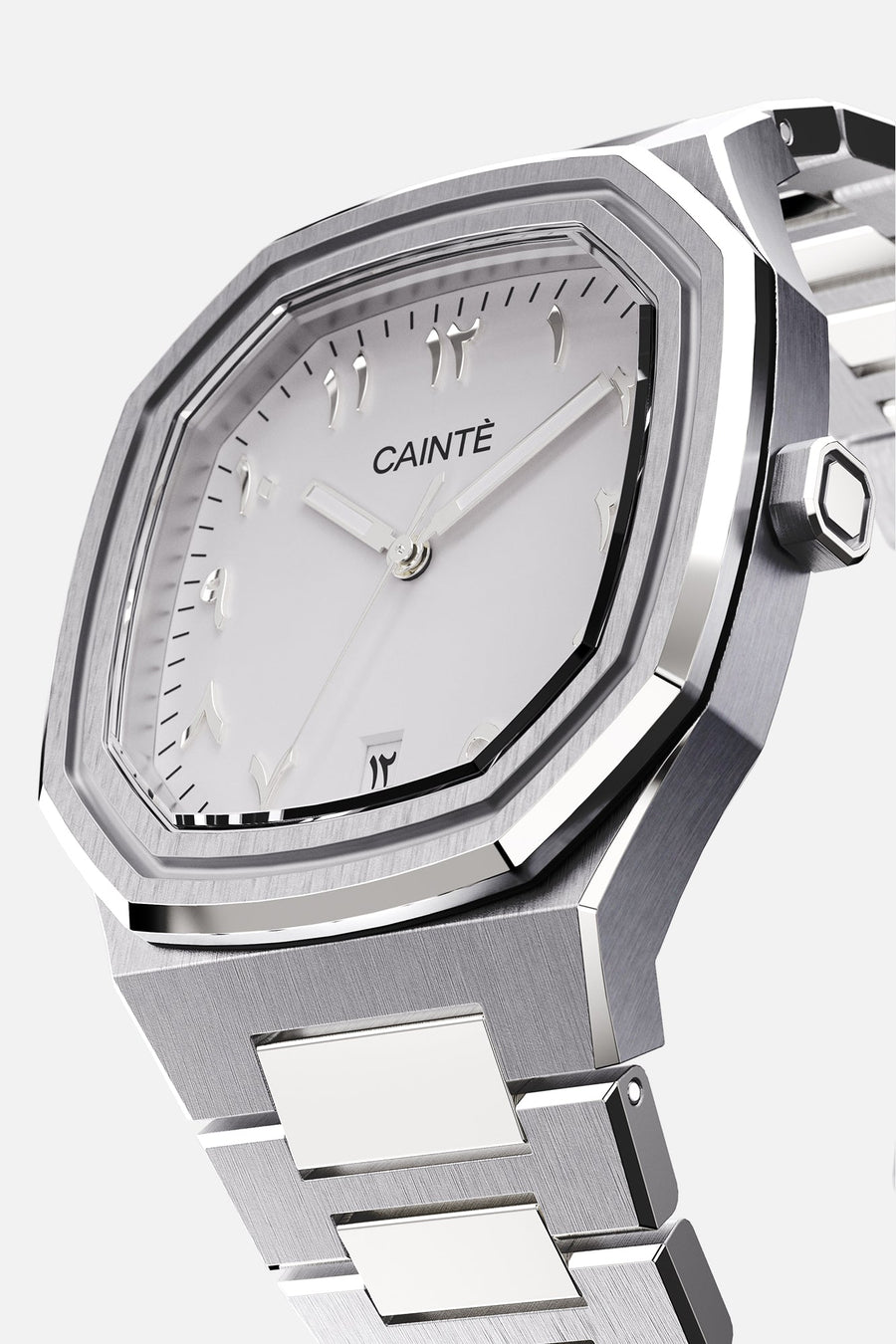 Three-quarter view of the octagonal case and white Arabic numeral dial