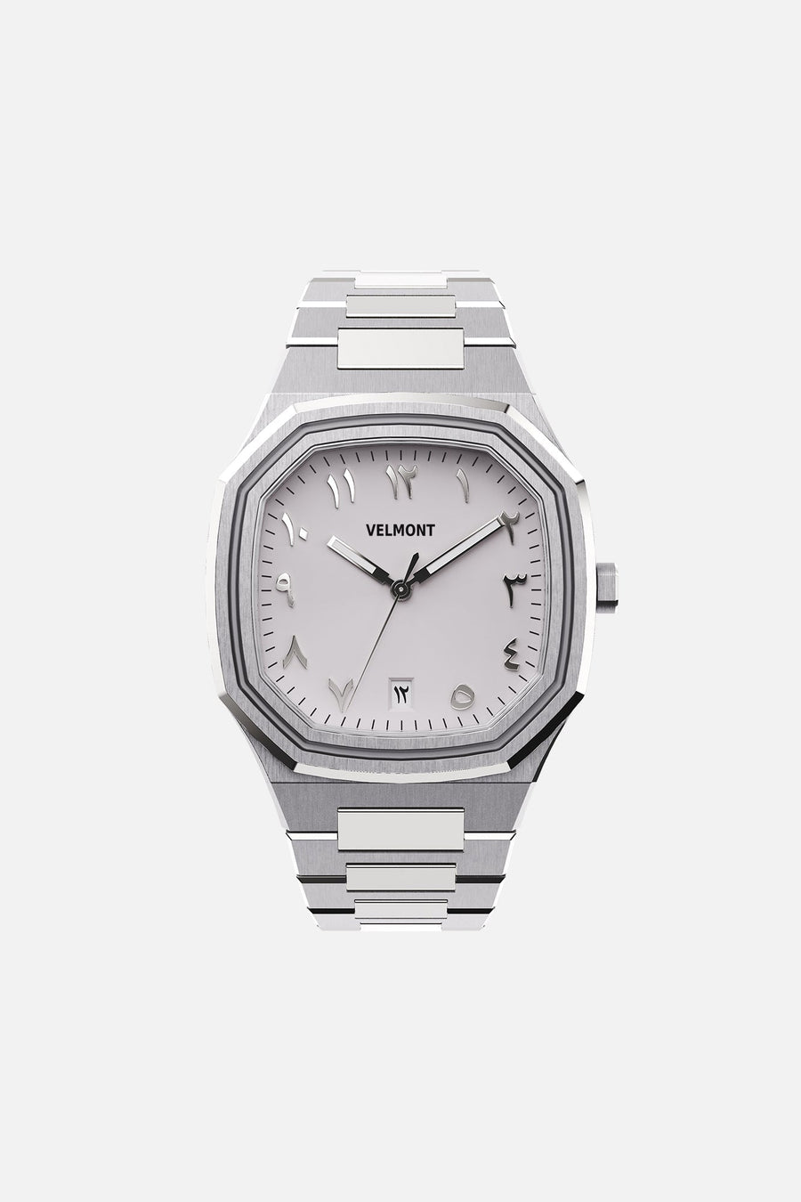 Front view of the octagonal watch with white Arabic numeral dial on its integrated bracelet