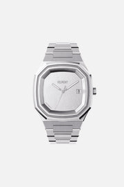 Front view of the octagonal watch with monochrome silver dial on its integrated bracelet
