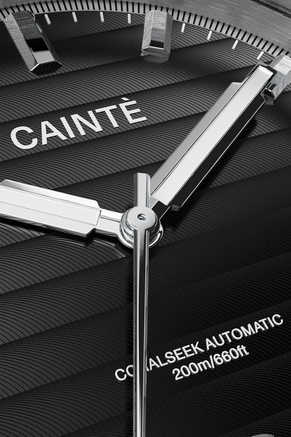 Close-up of the black ridged dial and polished hands