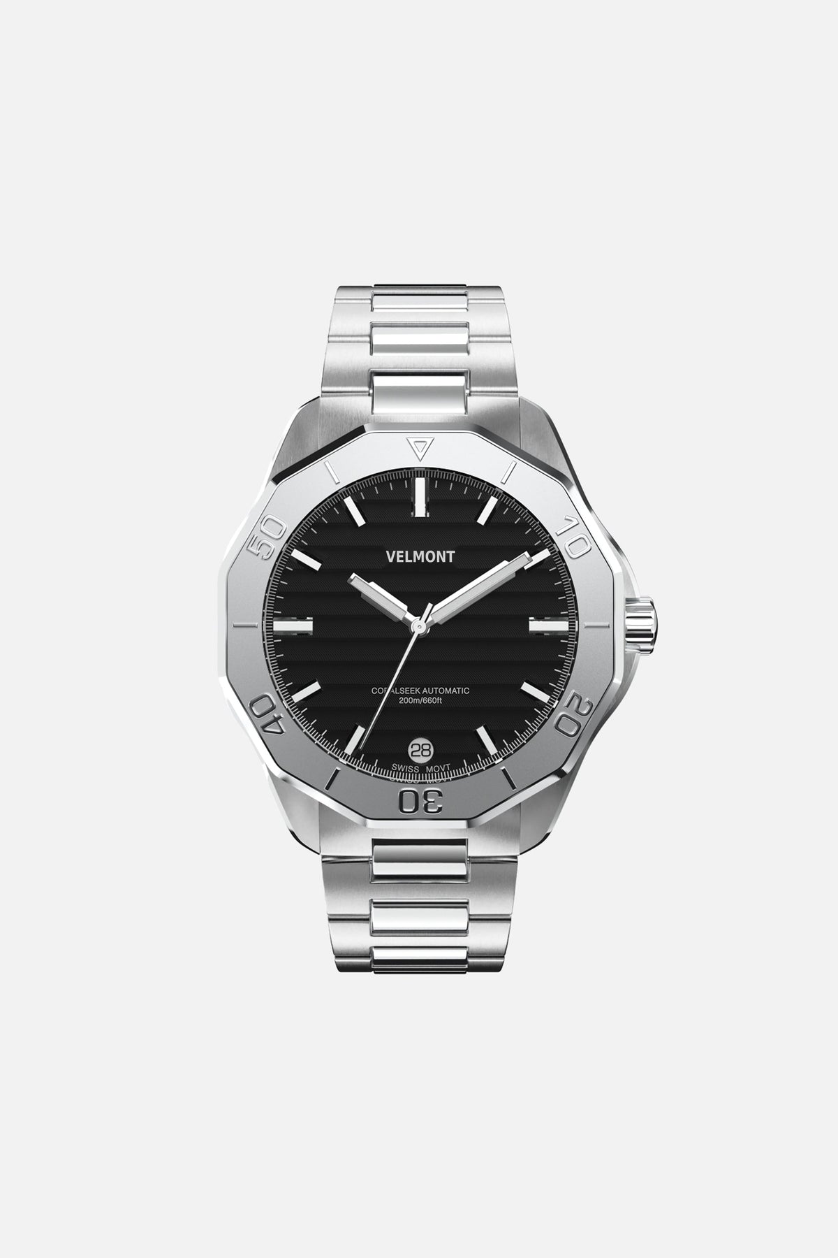 Front view of the 40 mm watch with black dial on a silver-tone link bracelet