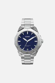 Front view of the 40 mm watch with blue dial on a silver-tone link bracelet