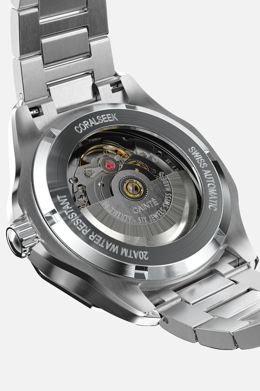 Display case back of the green-dial automatic watch showing the rotor