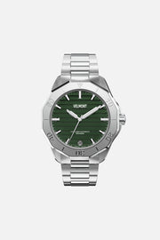 Automatic watch with green textured dial and silver-tone link bracelet, front view