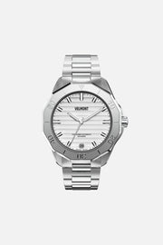 Front view of the 40 mm watch with white dial on a silver-tone link bracelet