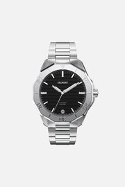 Front view of the 40 mm watch with black dial on a silver-tone link bracelet
